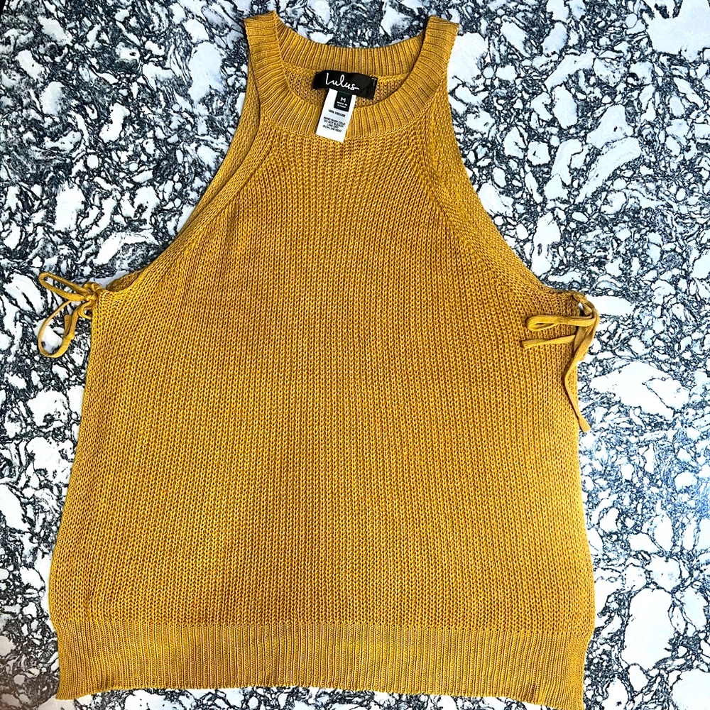 Lulus Sunny Style Tan Loose Knit Mock Neck Side Tie Tank Top-Size M